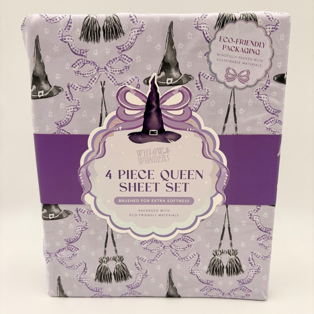 Willow Wonders Queen Sheet Set 4pc Lavender Witch Hat Broom Halloween Bedding
